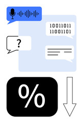 Chat bubbles, microphone symbol, code blocks, and downward arrow illustrate digital interaction, coding, and data compression. Ideal for tech, AI, communication programming calculations