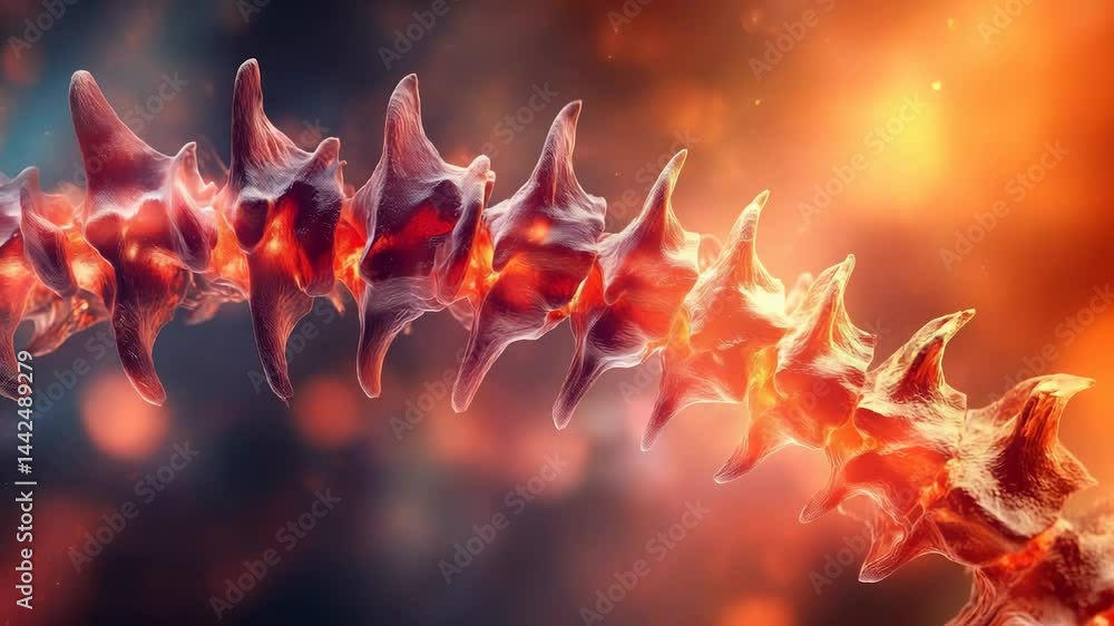 Poster a close-up, detailed digital rendering of a glowing spine with highlighted vertebrae in red and oran