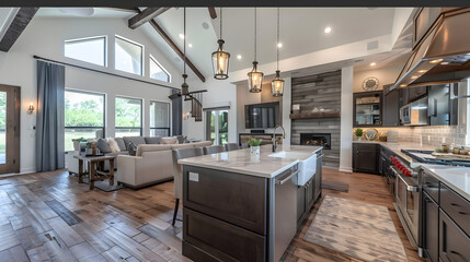 Fototapeta premium Interior view of a modern open concept kitchen and living room with natural light and wood accents