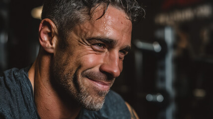 Fototapeta premium A professional graphic showing mature athlete with gentle smile in gym setting, ideal for creative, commercial, or editorial purposes.