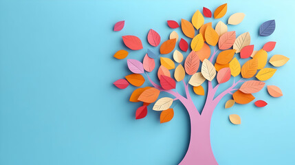 Colorful paper autumn tree on blue background, creative seasonal display