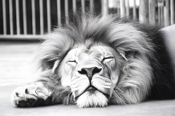 Majestic Male Lion Sleeping Peacefully Black and White Photography