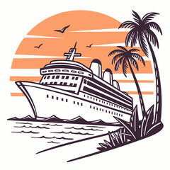 Retro Cruise Ship at Vintage Sunset &ndash; Contour Vector Art for Classic T-Shirt Design on White