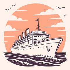 Fototapeta premium Retro Cruise Ship at Vintage Sunset – Contour Vector Art for Classic T-Shirt Design on White