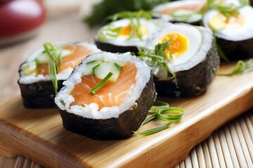 Freshly prepared sushi rolls with salmon, egg omelette, cucumber, and rice, garnished with green onions on a wooden board.