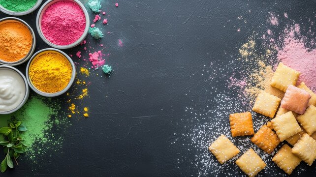 Colorful Holi powders and Shakkar Para sweets on dark background holi colors powder sweets snacks