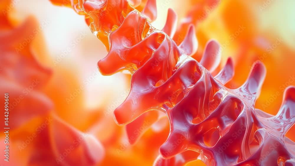 Poster a close-up of a spine-like structure in vivid red and orange hues, featuring semi-transparent, gloss