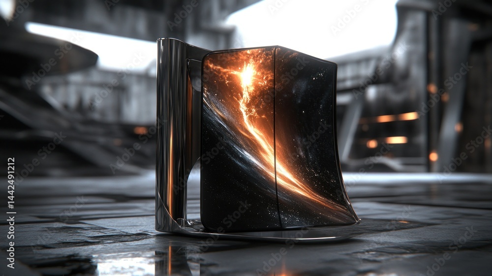 Poster a futuristic device displaying a cosmic design on its screen