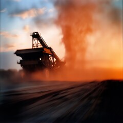 Heavy machinery moving earth at sunset