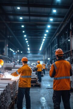 Diverse factory workers engaged in processing raw materials at large industrial paper mill