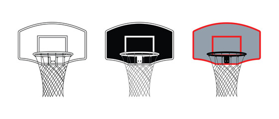 basketball hoop set design, in outline style, black and colored, sports equipment. © MassBayy