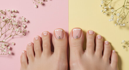 Chic Toe Nail Art Designs: French Tips & Minimalist Accents on Pastel Backdrop with Floral Decor | Pedicure Inspiration