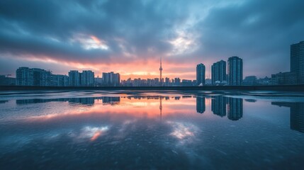 Beautiful urban cityscape reflecting off a wet surface at dusk