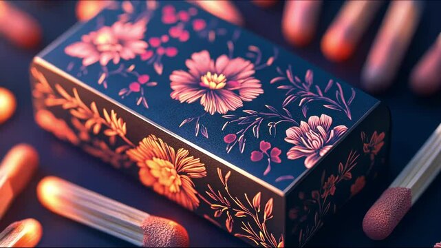 Floral pattern matchbox on a dark surface