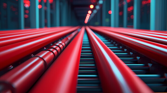 Red industrial pipes run parallel through a modern, high-tech facility, illuminated by blue and red lights.