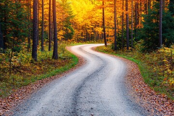Winding country road through a colorful autumn forest at golden hour