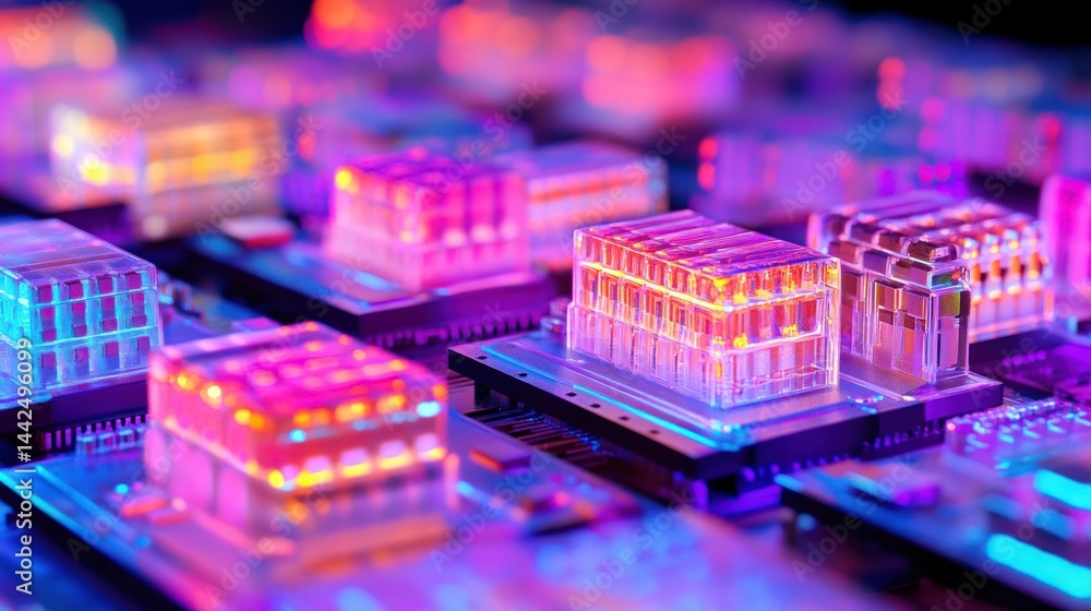 Poster a close up image showing colorful circuit board components
