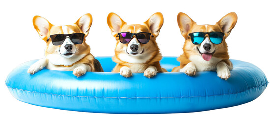 Three adorable corgis sit comfortably in a bright blue inflatable pool. Each dog wears stylish sunglasses while enjoying the warm sunshine, showcasing their playful and relaxed demeanor