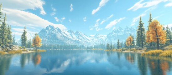 Fototapeta premium A serene alpine lake scene with snow-capped mountains and autumnal colors.