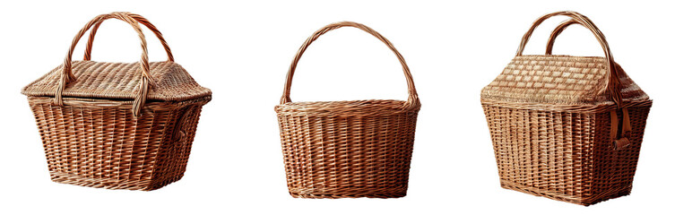 Three distinct wicker baskets showcase their unique designs and textures. Each basket features a different shape, ideal for storage or home decor