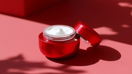 Bright red skincare cream jar placed on vibrant pink surface captures attention and highlights beauty and care essentials