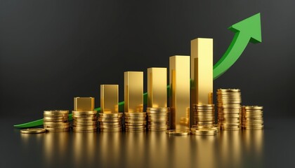 Gold bars and stacked coins with a green upward arrow, symbolizing financial growth, wealth accumulation, and economic success.