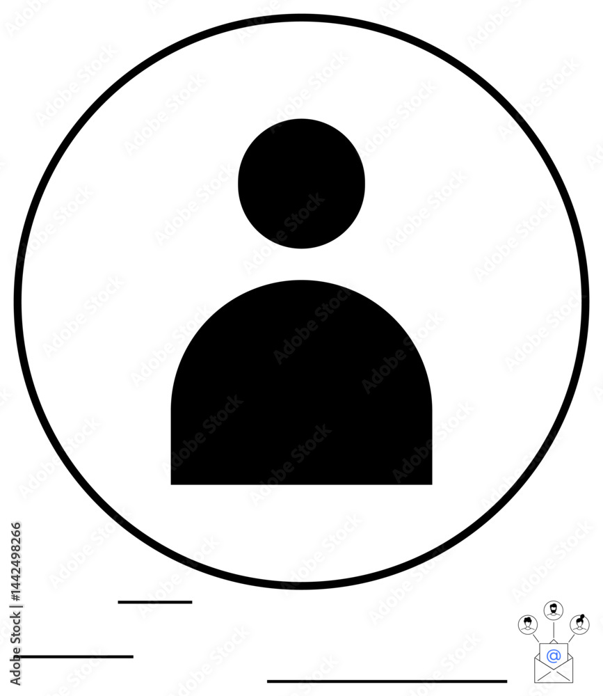 Poster black user profile silhouette inside a circle, accompanied by a networked design and email envelope 