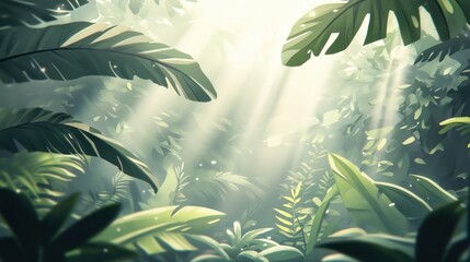 Lush jungle foliage, sunlight filters through