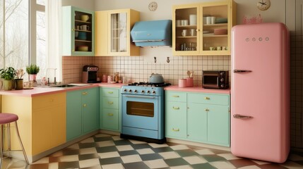 A colorful and stylish retro kitchen with multiple appliances present