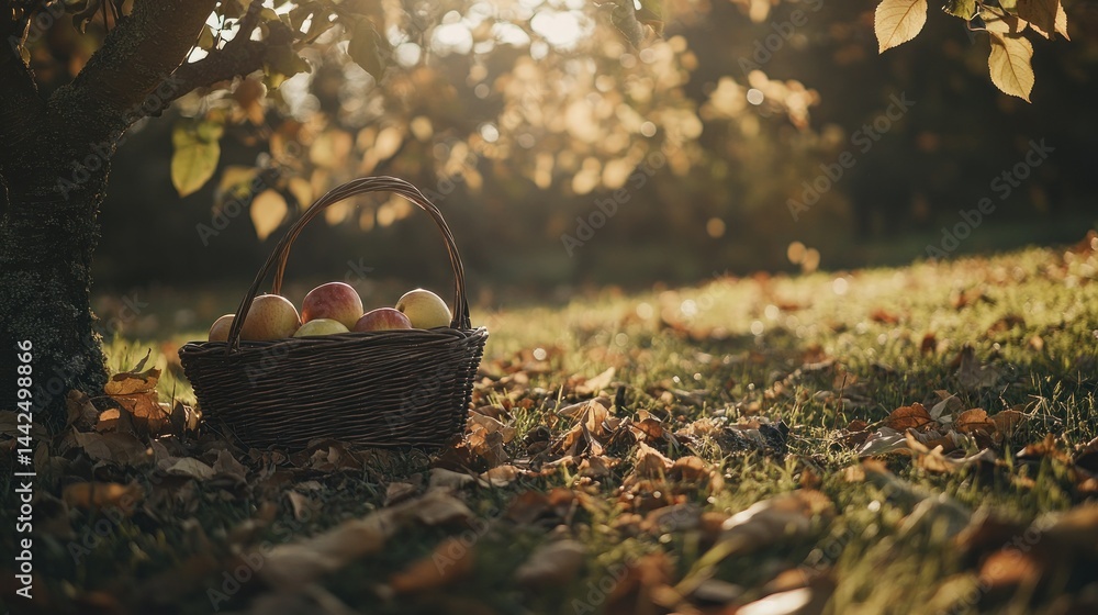 Poster a wicker basket filled with apples under a tree