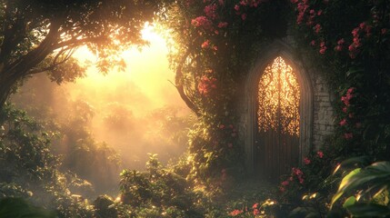 Sunlit, mystical forest archway, overgrown with roses