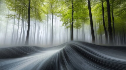 Obraz premium Abstract misty forest scene with green trees and swirling path fog art calm grey dark image woods