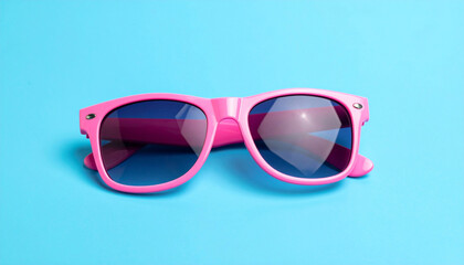 Pink retro sunglasses on a blue light wallpaper studio background