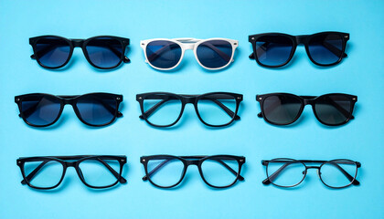 Black Eyeglasses on a blue light wallpaper studio background