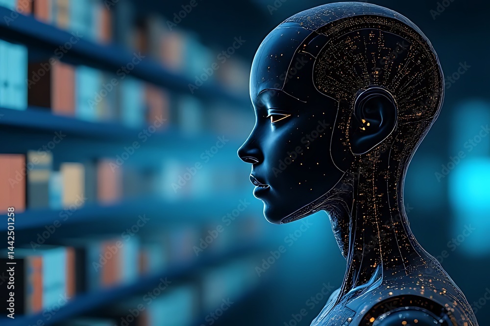 Poster exploring ai development digital lab futuristic technology cyber environment side view innovation
