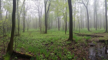 Fototapeta premium Misty spring forest scene tranquil green lush trees nature fog wet day calm path damp view park woods