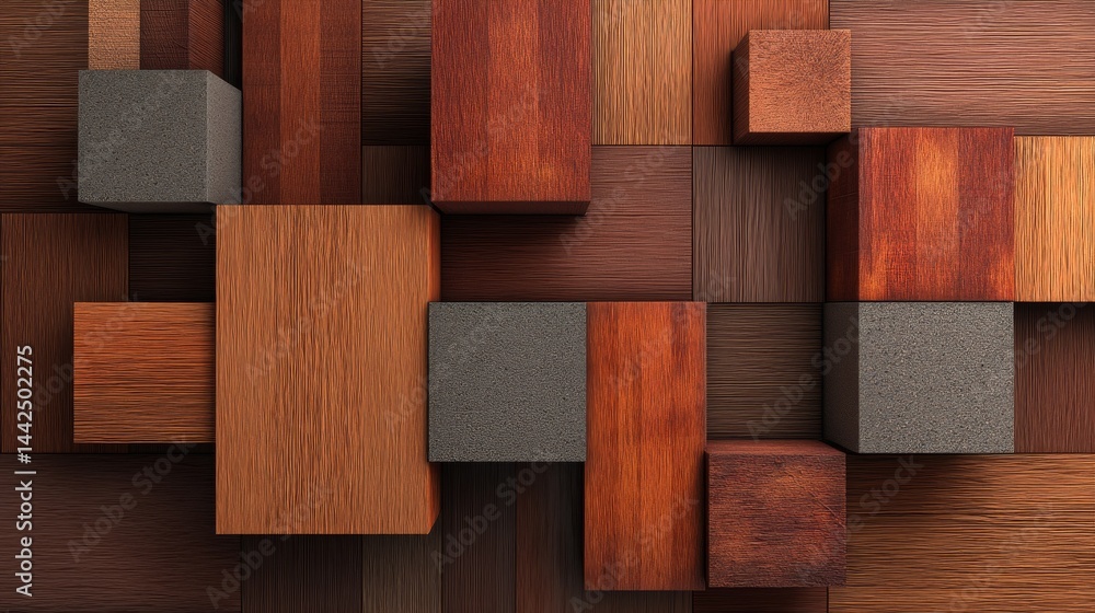 Poster a 3d render featuring a wood block wall background with a mosaic wallpaper design consisting of ligh