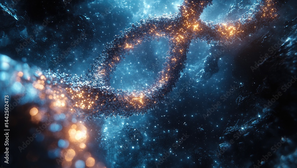 Poster abstract double helix design with glowing particles.