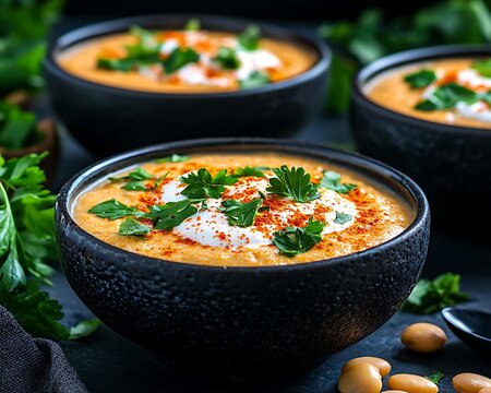 Creamy, vibrant lentil soup garnished with fresh herbs and a dollop of sour cream