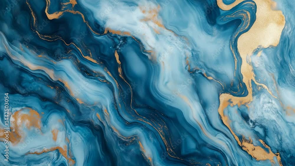 Poster swirling patterns of blue and gold with a fluid, marble-like texture. colors blend seamlessly to cre