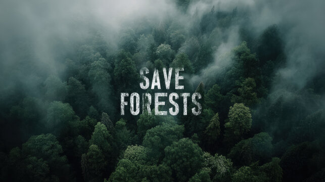 An elegant and clear visual illustration of save forests text over misty dense jungle, ideal for creative, commercial, or editorial purposes.