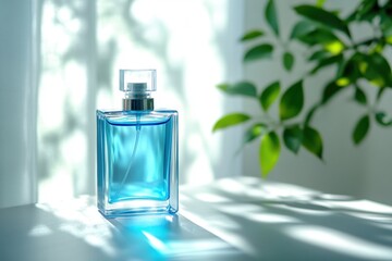 Square blue perfume bottle with a silver cap on a wooden surface surrounded by green leaves. Elegant blue perfume bottle on a marble table , beauty, fragrance, luxurious. Light and shadow. Sunlight.