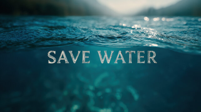 A professional graphic showing save water message on turquoise underwater scene, ideal for creative, commercial, or editorial purposes.