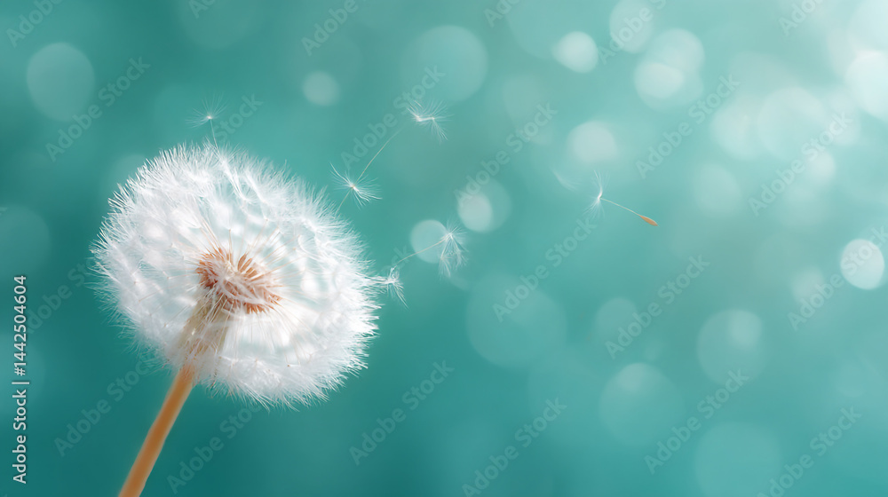 Poster close up of a fluffy dandelion with seeds blowing in the wind on a teal bokeh background
