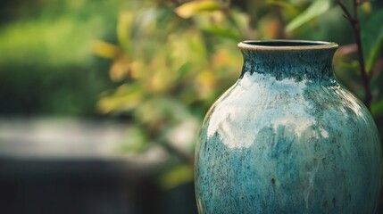 A detailed view of an earthenware vase in an outdoor setting