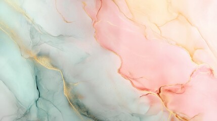 Soft flowing pastel abstract background with marble texture, subtle gold veins, smooth color transitions in pink, peach, and mint tones. Minimalist, luxurious, dreamy, high resolution.