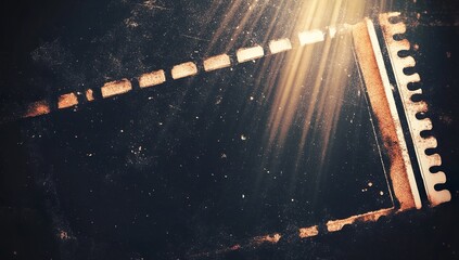 A distressed old film strip frame with intense golden light rays piercing through dust particles on a dark textured background