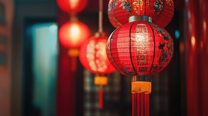 Traditional Chinese New Year celebration with red lanterns and festive decorations on wooden table in flat lay style. Lunar New Year of prosperity, good luck and happiness, Asian Spring Festival.