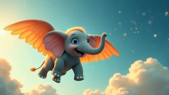 Flying baby elephant with wings seamless looping 4k time-lapse animation video background