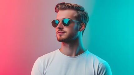Stylish Man Neon Portrait Sunglasses Trendy Fashion Model